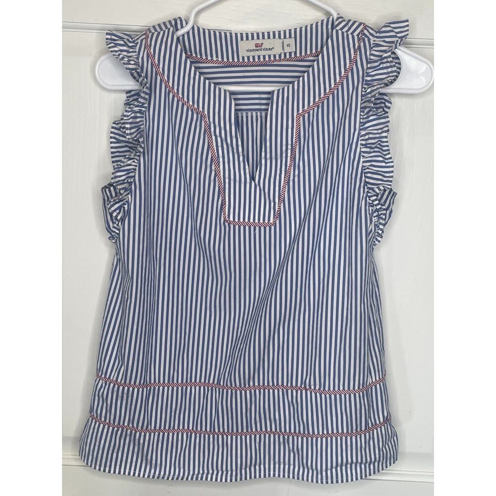 Vineyard Vines Women's Stripe Ruffle Sleeveless Blouse Top Sz XS Coastal Preppy